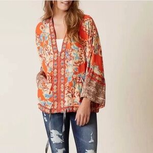 FREE PEOPLE Women’s Wildflower Kimono Zipper front Bomber Jacket Orange M/L